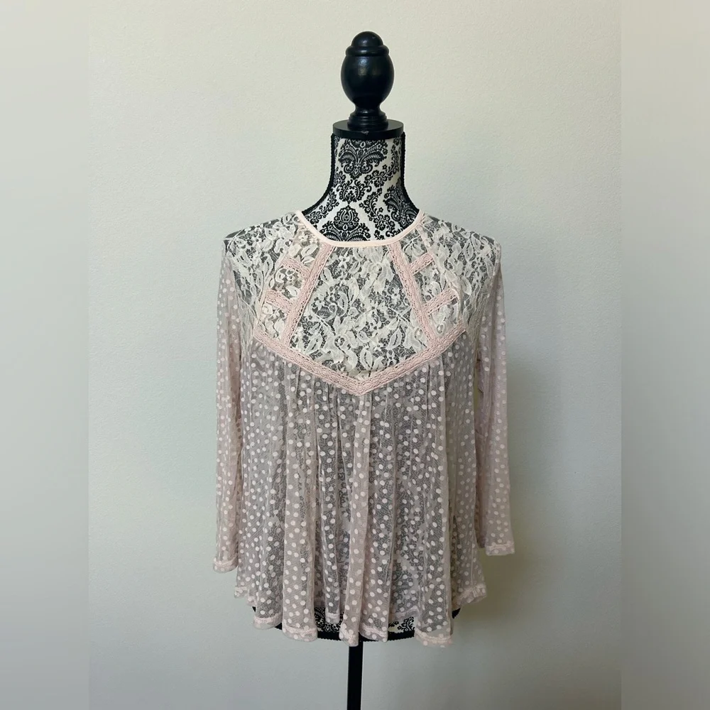 Frenchi Sheer Lace Polka Dot Babydoll Blouse Dusty Pink M - Picture 1 of 7